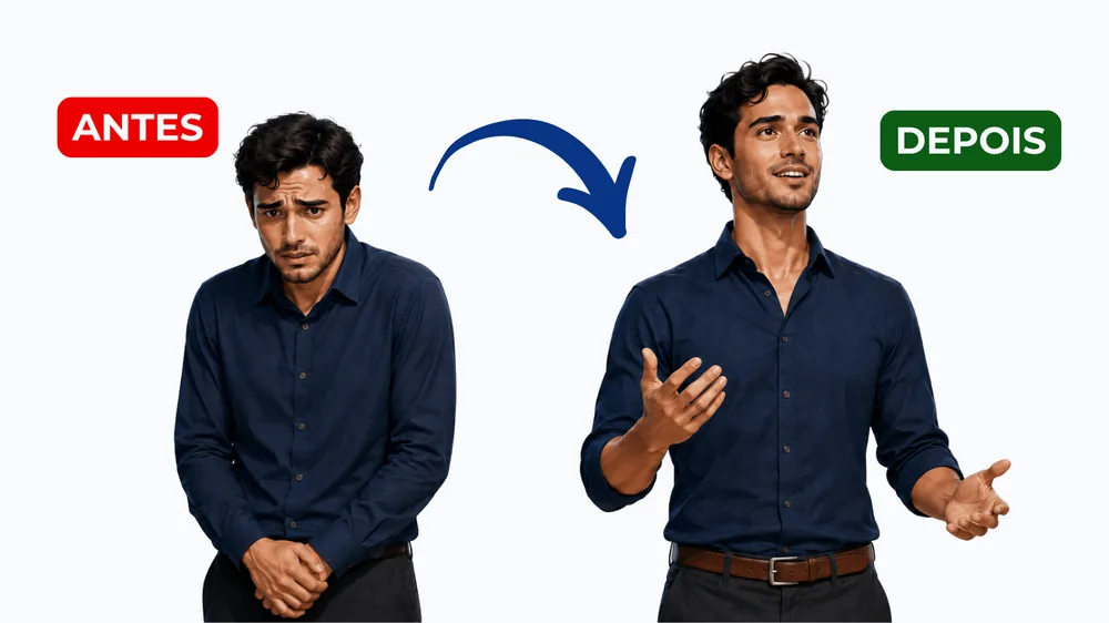 Antes: homem tímido e travado. Depois: homem falando com confiança